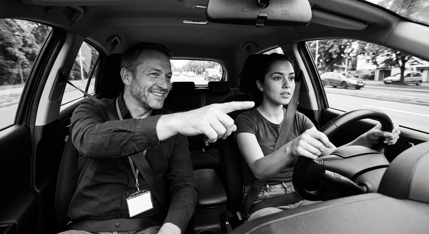 An instructor guiding a student from the passenger seat